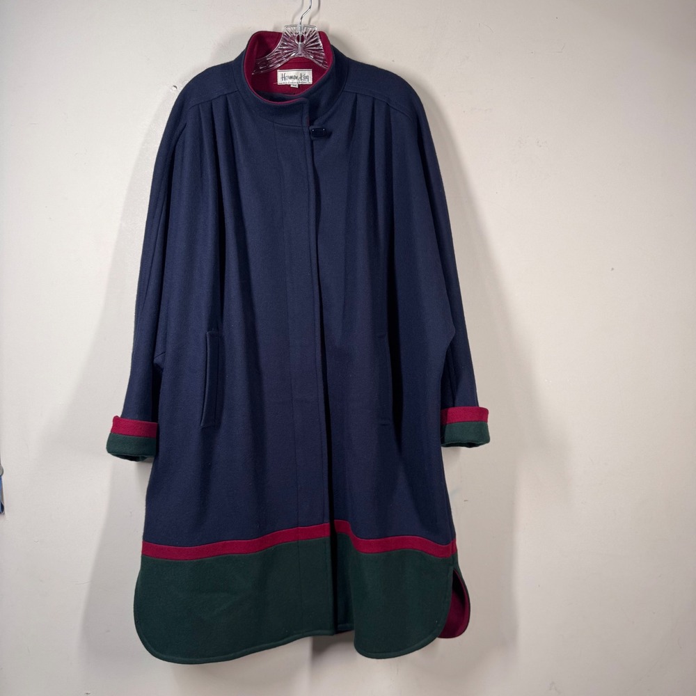 Vtg Herman Kay Wool Cape Over Coat Navy Blue Colorblock Tailored Swing Sz M